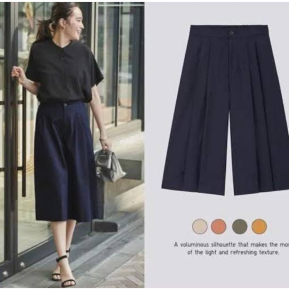 Uniqlo Women Cotton Linen Wide Leg Cropped Pants, Navy, XL, Brand New with Tag